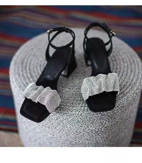 Fashion Rhinestone Square Head Open Toe Block Heel